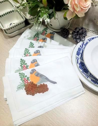 Embroidered Cloth Napkin Bird and Pine Christmas Cotton Napkins Set of 6, 20x20 Hemstitch Table Napkins Machine Washable, Daily & Christmas, Great Gift Ideas - Image 3