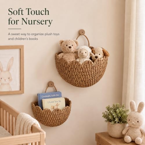 Coeusy Set of 2 Hanging Basket, Paper Rope Wall Basket with Handles, Wicker Scalloped Basket for Nursery,Laundry,Bedroom - Image 5