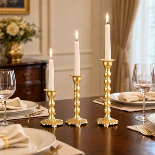 AIM & GGKK Gold Candlestick Holders Set of 3, Premium Metal Taper Candle Holders with Elegant Petal Base & Beaded Column Design, Matte Gold Finish for Table Centerpiece Wedding Party Home Decor - Image 7