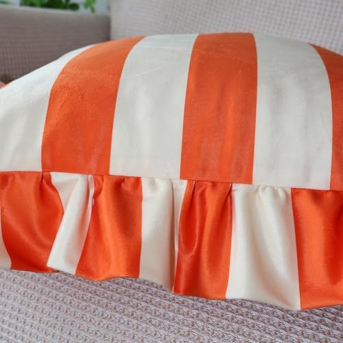 vctops Ruffle Square Throw Pillow Covers Boho Pink and Red Striped Decorative Pillowcases Set of 2, Soft Velvet Accent Cushion Cover Cases for Sofa Bed Living Room Decor (Orange Beige,18"x18") - Image 4