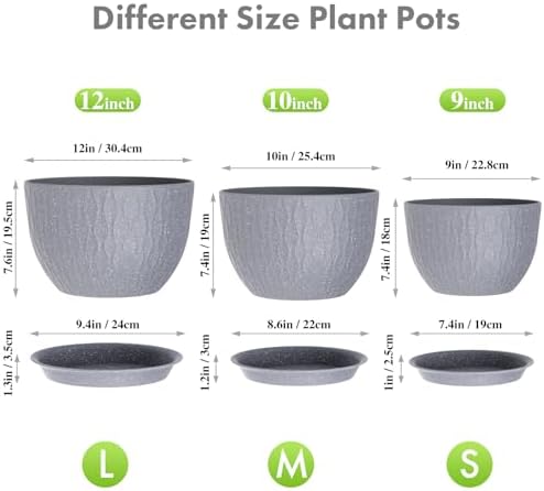 Meowell Large Flower Pots 12/10/9 inch, 3 Set Big Plant Pots for Outdoor Indoor Plants with Water Ripples, Wide Plastic Planters with Drainage Holes and Saucers for Garden House Plants, Speckled Grey - Image 2