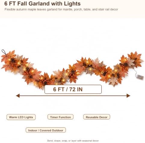 6 FT Lighted Fall Garland with Timer, Maple Leaves and Pinecones - Image 3