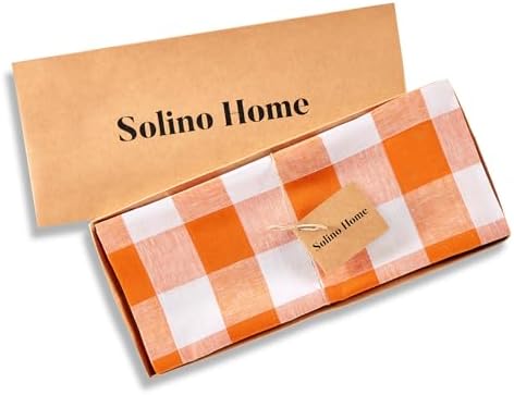 Solino Home 100% Linen Table Runner, 14 x 156 in, Pumpkin and White Check - Image 5