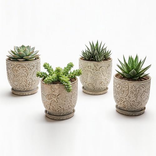 Ceramic Animal Embossed Planter Pots with Drainage Holes and Saucers, 4 Inch, Set of 4, Assorted Designs - Image 2