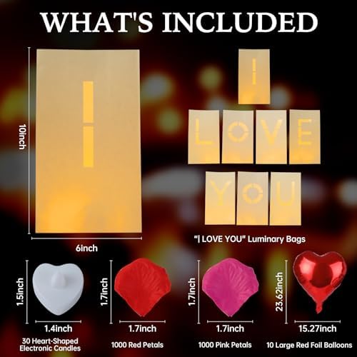I Love You Decorations – Surprise Set with Light Up Letters, 30 Tea Light Candles, 2000 Rose Petals, 10 Balloons – Luminary Bags for Couples & Romantic Moments - Image 2