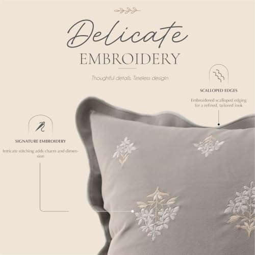 BlissBlush Long Lumbar Pillow Cover 14x36 for Bed, Light Gray Velvet Decorative Lumbar Pillow Cover, Floral Accent Cushion Cover with Embroidery and Scalloped Edge for Couch Sofa Bed, Cover ONLY - Image 2