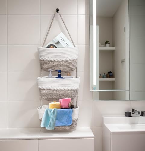 Over the Door Hanging Basket for Organizing 3 Tiers Woven Cotton Rope Wall Mount Storage basket Decorative Kitchen Hanging Organizer Bathroom include 1door hook MixedBrown - Image 2