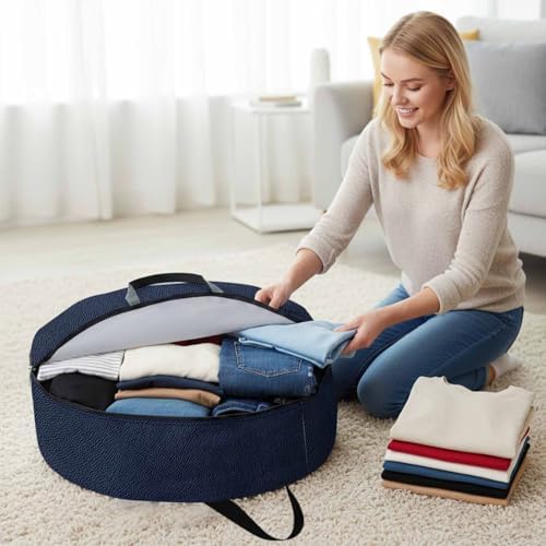 36 Inch Round Storage Bag 2 Pack,Modern Navy Blue Cowhide Waterproof Wreath Storage Container with Handles&Zipper Classic Leather Texture Closet Organizer Bags Garland Box - Image 4