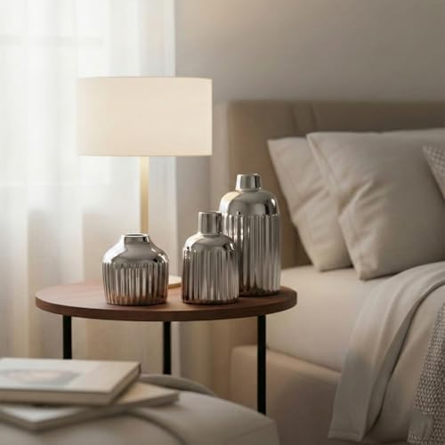 Ceramic Textured Vases Set of 3, Round Silver Two-Tone Flower Vase for Pampas Grass Decorative, Modern Silver Small Vase for Kitchen Counter Shelving Fireplace Mantel Table Centerpiece - Image 3