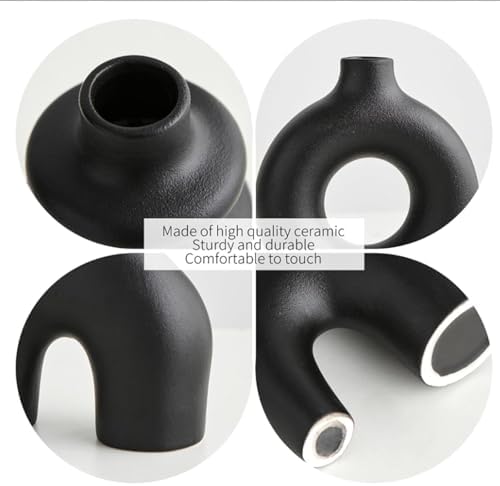White Ceramic Vases Set of 3, Minimalist Nordic Modern Style, Round Donut Vase for Dried Flowers, Pampas Grass & Fresh Blooms,Boho Home Decor for Table Shelf Living Room Office (Black) - Image 3