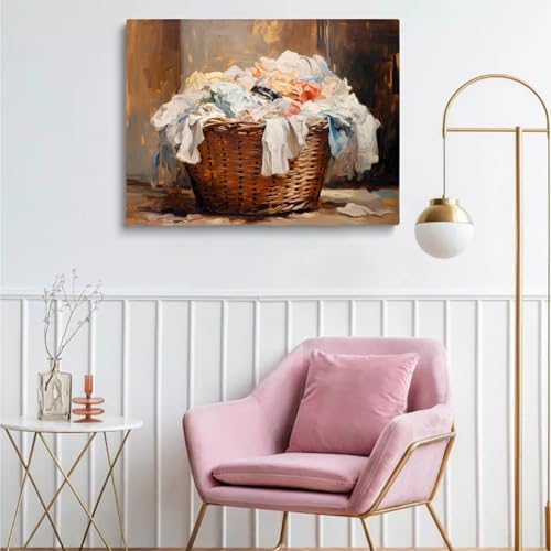 Farmhouse Laundry Wall Art,Vintage Laundry Basket Print,Vintage Spring Cleaning Print,Vintage Muted Laundry Basket Painting,Farmhouse Artwork Cottage Core Decor Painting16x24inch Framed Art - Image 4
