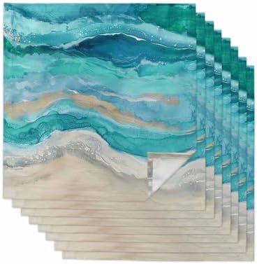 Turquoise Coastal Cloth Napkins Set of 8, Holiday Napkins for Baby Shower, Spring Summer Ocean Beach Nautical Sea Wave Washable Reusable Dinner Napkins for Cocktail Wedding Party, 20 x 20 Inch by Boanket