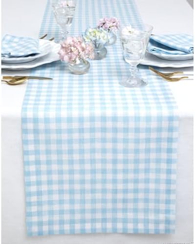 Solino Home 100% Pure Linen Table Runner Blue, Gingham Check 14 x 132 in by SolinoHome
