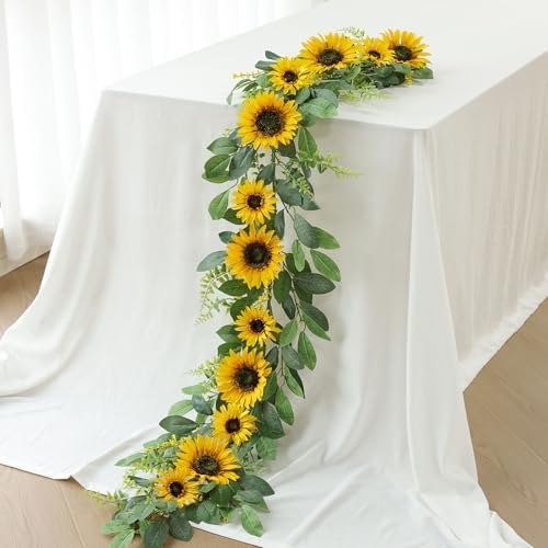 Mizii Artificial Sunflower Garland 6FT Fake Silk Sunflowers Flower Garland Autumn Hanging Vines Decorations for Kitchen Table Centerpieces Room Wall Party Wedding Birthday Fall Decor (Yellow) by Mizii