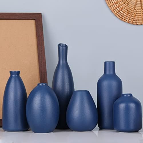 Blue Ceramic Vase - Set of 6 Blue Bud Vases, Modern Farmhouse Navy Blue Decorative Vases for Home, Office, Living Room, Table Decor - Ideal Centerpieces for Flowers, Shelf and Fireplace Accents - Image 4