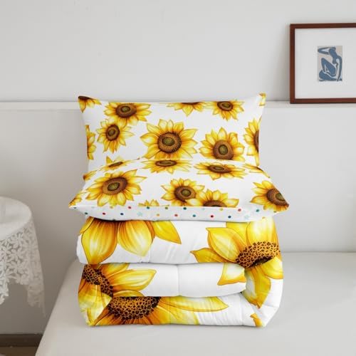 Sunflower Queen Size Bedding Set 3D Floral Botanical Comforter Set Yellow Flowers Bedding Comforter Sets Pastoral Sunflower Decor For Home Quilt Stylish Garden Theme Bedding With 2 Pillowcases, White - Image 6