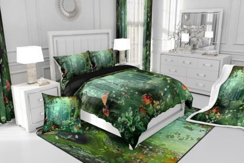 Erosebridal Magical Comforter Set Queen, Mushroom Bedding Set for Girls Women Kids Teens, Daisy Leaves Branches Sunset Nature Duvet Insert, Cute Style Soft Warm Quilted Duvet Bedroom Decor, Green - Image 7