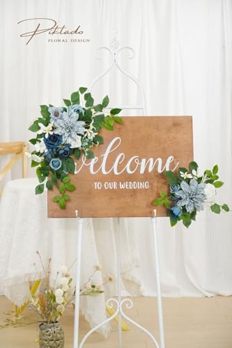 Wedding Decor (Pack of 2) Welcome Sign Flower Backdrop Garland for Ceremony Reception Wall Easel Home Decoration Entryway Faux Outdoor Board Head Table Decor (Dusty Blue & Navy) - Image 4