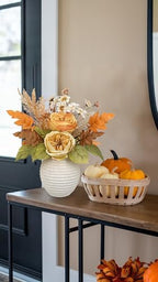 Artificial Fall Floral Centerpiece with Vase, Fake Flowers for Autumn Table Decorations, Silk Rose & Maple Leaves Arrangement, Rustic Cement Vase Harvest Decor for Dining Table, Kitchen, Living Room - Image 7