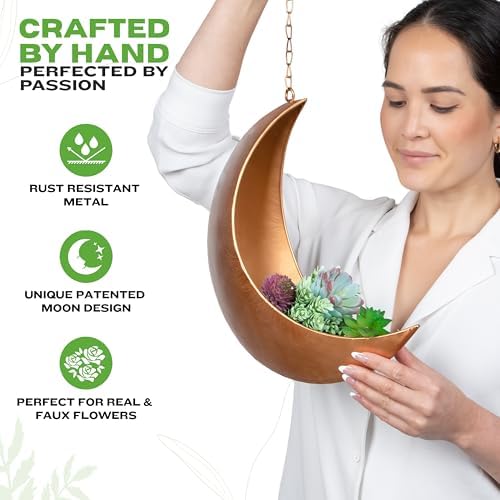 Gold Hanging Moon Planter – with Drain Holes - Moon Room Decor - Unique Planters for Succulents,Air Plant, Cactus, Artificial Plants- Plant Lover Gifts - Boho,Hippie, Birthdays,Witchy Gifts for Women - Image 3