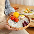 Round Rattan Tray with Mother of Pearl Inlay, Rattan Serving Tray for Coffee, Bread, Fruits, Decorative Wicker Tray for Table Decor, Home Decor, Kitchen Island Decor (Ambilight, 11.8") - Image 4
