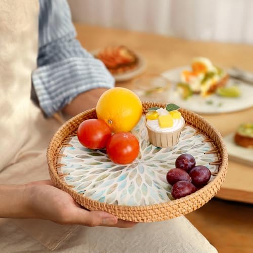 Round Rattan Tray with Mother of Pearl Inlay, Rattan Serving Tray for Coffee, Bread, Fruits, Decorative Wicker Tray for Table Decor, Home Decor, Kitchen Island Decor (Ambilight, 11.8") - Image 4