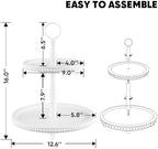 Beaded Tiered Tray Stand, Rustic Wooden 2 Tier Decorative Tray with Bead Garland, Farmhouse Round Wood Serving Tray Counter Centerpiece for Coffee Bar Home Decor Holiday Housewarming Gifts (White) - Image 3
