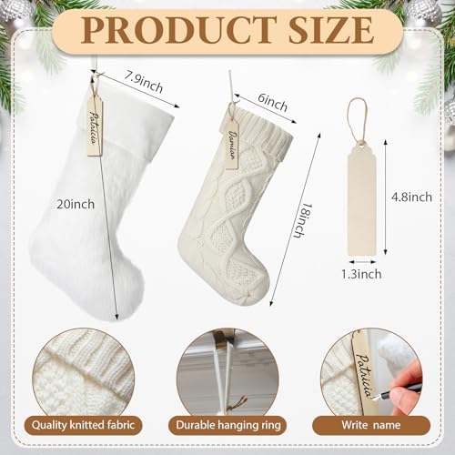 8 Pcs Rustic Christmas Stockings Set, 18" & 20" Large Farmhouse Boho White Cream Cable Knit Xmas Stockings Bulk, Modern with Plush Faux Fur Name Tags for Family Holiday Decor - Image 2