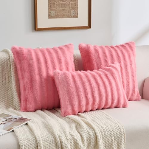 FUTEI Pack of 2 Faux Mink Fur Throw Pillow Covers 20x20 Inch, Cherry Pink - Image 5