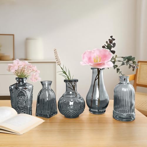 Small Glass Vase Set of 12, Grey Bud Vases for Centerpiece Table Decorations, Boho Vintage Flower Vases in Bulk, Mini Vase Decorative for Wedding Party Baby Shower Birthday Home Decor - Image 5