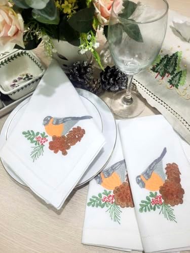 Embroidered Cloth Napkin Bird and Pine Christmas Cotton Napkins Set of 6, 20x20 Hemstitch Table Napkins Machine Washable, Daily & Christmas, Great Gift Ideas - Image 6
