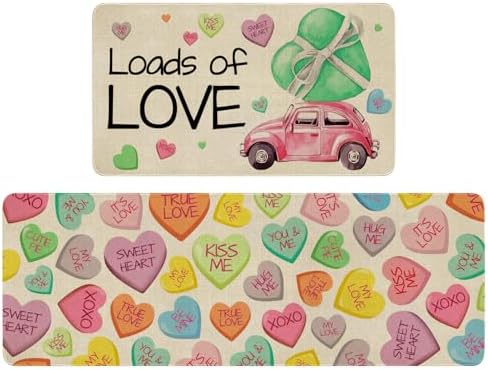 Valentines Day Kitchen Mat Set 2 Piece,Truck Colorful Hearts Kisses Hugs True Love Decorative Kitchen Rugs,Valentine's Day Low-Profile Kitchen Mats for Home Kitchen Decor 17"x48"+17"x30" by Xsinufn