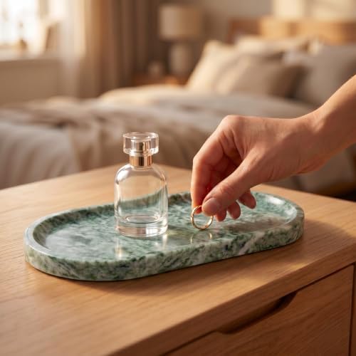 YKAJO Cloud Jade Oval Marble Tray, 9.8x4.7 Vanity Perfume Organizer Dish - Image 6