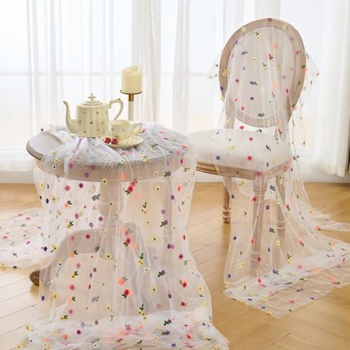 BINBE 12pcs Daisy Spring Table Runner Embroidery Gauze 10FT Florals Seasonal Tulle Holiday Birthday Kitchen Dining Table Decor for Home Party Ivory - Image 5