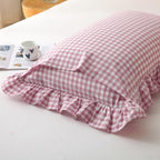 Silnuo Vintage Pink/White Gingham Ruffled Queen Size Pillow Shams Set of 2 - Image 5