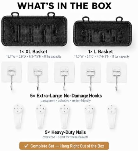 AceList Wall Hanging Basket, Boho Style Hand-Woven Hanging Storage Baskets - Set of 2, Ideal for Kitchen, Garden, Boho Room Decor, and Living Room (Black, 2 pc (large)) - Image 5
