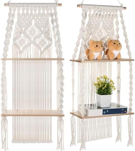 Barydat 2 Pack Macrame Wall Hanging Shelf 2 Tier Handmade Boho Hanging Wall Shelf Floating Woven Rope Decorative Storage Racks Holder Organizer for Home Bedroom Bathroom Plants, Beige (Elegant) by home