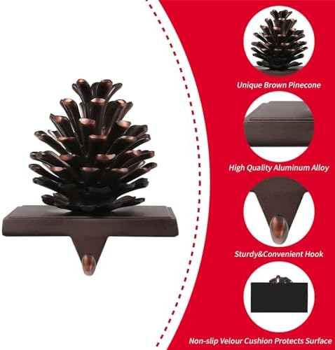 JUSTOTRY 3D Pine Cones Christmas Stocking Holders for Mantle Set of 4 with Non-Skid Brown Stocking Holder for Fireplace Home Decor Holiday Gifts Xmas Decorations Supplies - Image 4