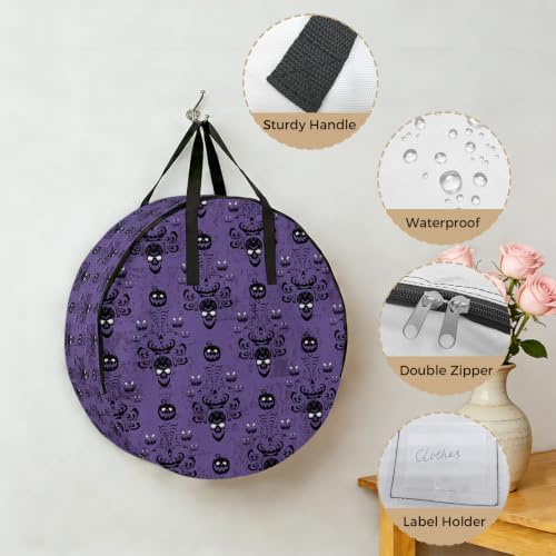 24 Inch Round Storage Bag 1 Pack,Happy Halloween Scary Pumpkin Skeleton Waterproof Wreath Storage Container with Handles&Zipper Purple Black Closet Organizer Bags Garland Box - Image 5