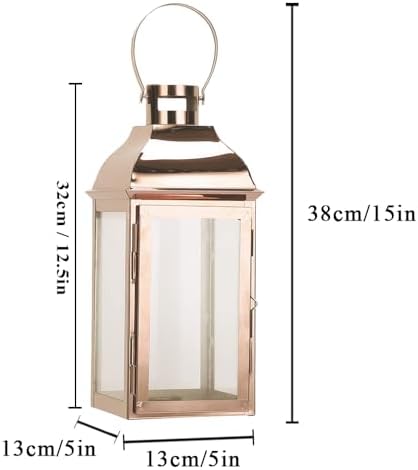 JHY DESIGN Decorative Candle Lanterns 15" High Stainless Steel Candle Lanterns with Tempered Glass for Indoor Outdoor Events Parities and Weddings Vintage Style Hanging Lamps(Rose Gold) - Image 4