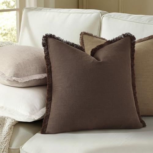 decorUhome Linen Fringe Chocolate Throw Pillow Covers 24x24 Set of 2 - Image 4