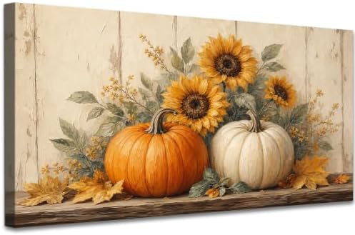 WAXWHELK Pumpkin Fall Canvas Wall Art, Pumpkin and Sunflower Autumn Thanksgiving Painting Pictures, Rustic Farmhouse Artwork for Living Room Bedroom Home Decor (12"x24") by Unknown
