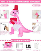 TURNMEON 8 Ft Long 6 Ft Tall Giant Valentines Day Inflatables Dinosaur Decorations Outdoor Blow Up Pink Dinosaur Holds Loves Heart with LEDs Valentine Day Decor for Yard Garden Lawn Wedding Party - Image 5