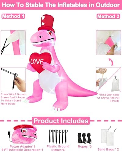 TURNMEON 8 Ft Long 6 Ft Tall Giant Valentines Day Inflatables Dinosaur Decorations Outdoor Blow Up Pink Dinosaur Holds Loves Heart with LEDs Valentine Day Decor for Yard Garden Lawn Wedding Party - Image 5