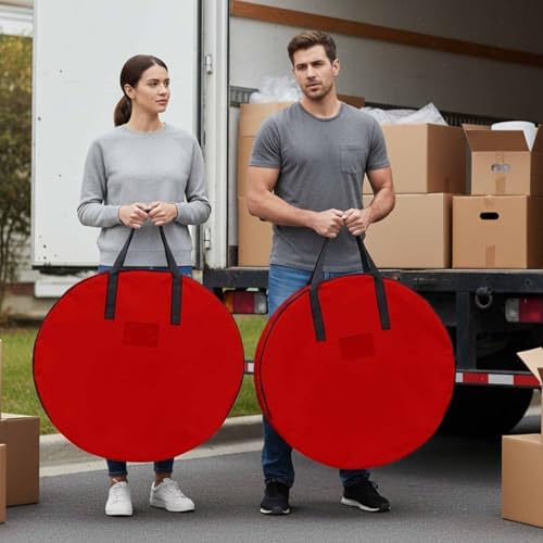 24 Inch Round Storage Bag 1 Pack,Christmas Red Waterproof Wreath Storage Container with Handles&Zipper Simplistic Closet Organizer Bags Garland Box - Image 4