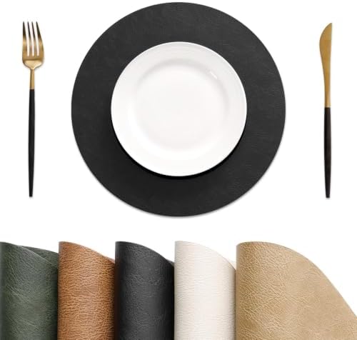 MOSAYT Vinyl Faux Leather Round Placemats Set of 8, 13 Inch, Black by MOSAYT
