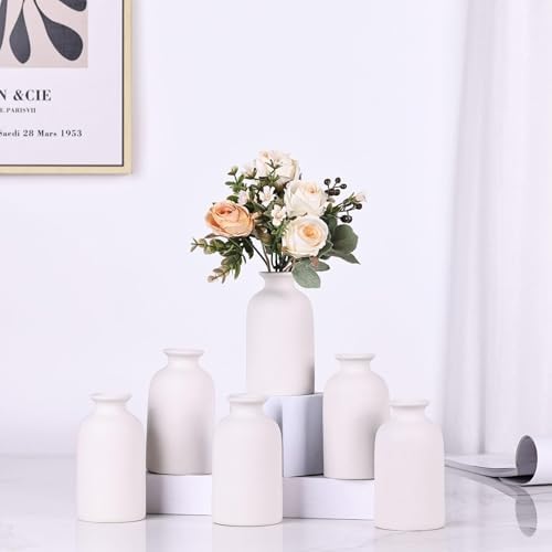 White Bud Vases Set of 6 - Mini White Ceramic Vases for Flowers, Modern Bud Vase for Table Decor, Boho Small Vase for Home Decor, Centerpieces in Bulk for Wedding, Home, Table, Party Decor by QIANLING