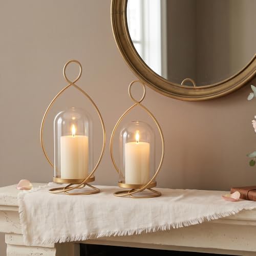 Large Hurricane Pillar Candle Holders with Glass Dome, Set of 2 Decorative Gold Candle Lanterns for Tabletop, Modern Centerpieces for Dining Table, Fireplace Mantel Decor - Image 4