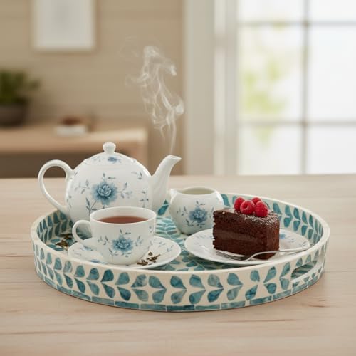 PEMAR 12.6” Mother of Pearl Round Serving Tray with Handles, Decorative Nacred Wooden Ottoman Coffee Table Tray (Teal Floral Pattern) - Image 5