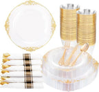 Nervure 175Pcs Clear Gold Plates, Disposable Party Plates for 25 Guests by Nervure